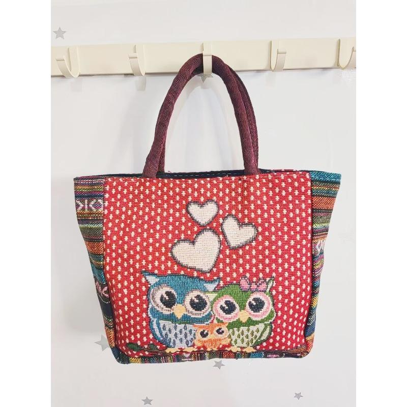 Canvas bag, women's large-capacity double-sided embroidered animal handbag, mommy bag, go shopping, handbag