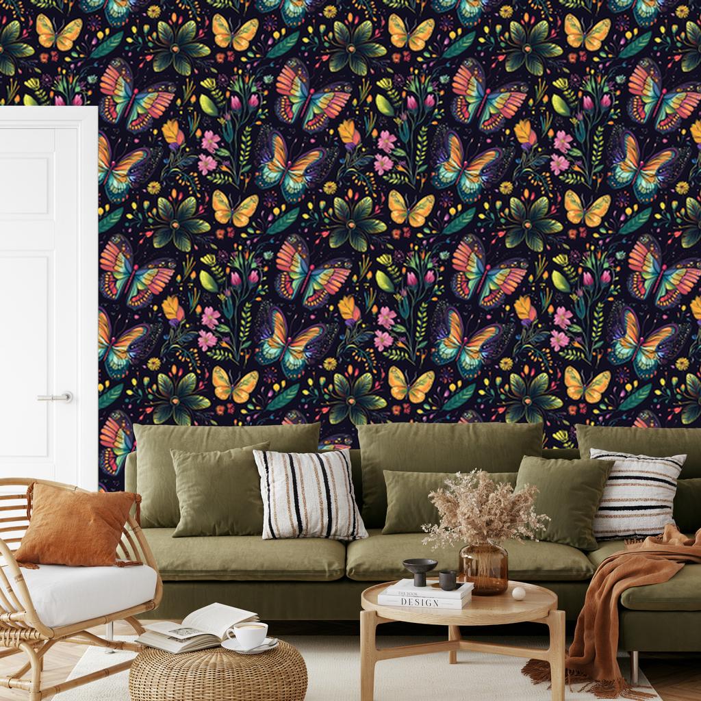 Wallpaper Colorful Butterflies Navy Blue and Indigo for Living Room and Bedroom 50x1000