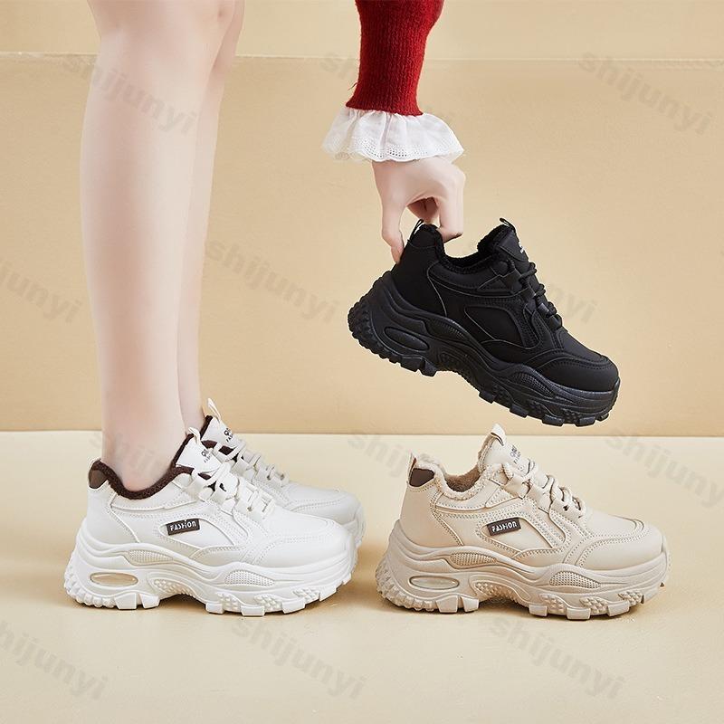 Women's Platform Shoes Winter 2026 Fashion Warm Plush Lace Up Chunky Sneakers Outdoor Walking  Warm Increase Casual Shoes