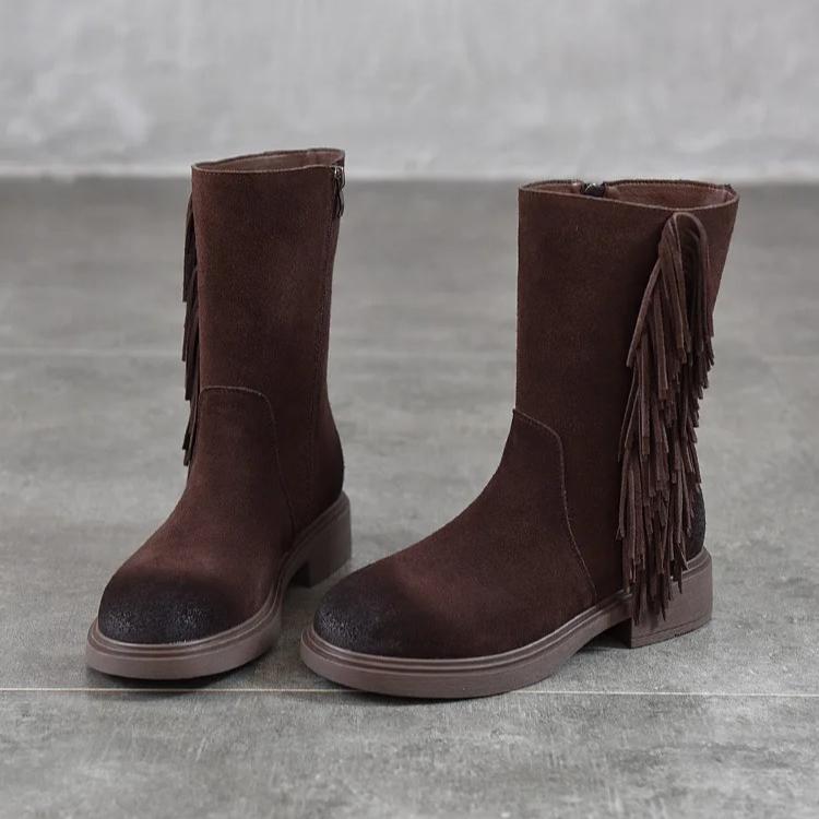 Johnature Retro Tassel Mid Heeled Women's Boots Genuine Leather Round Toe Versatile Mid-calf Boots