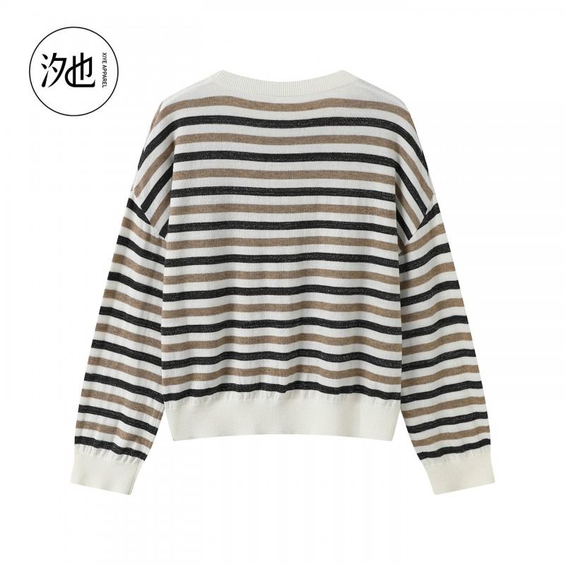 Womens Wool Blend Crewneck Sweater Loose Fit Long Sleeve Striped Knit Top Winter