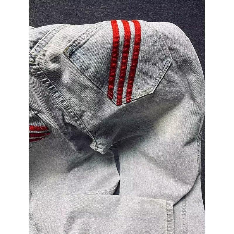 American striped splicing wide-leg jeans men's trend new trendy brand loose washed straight wide-leg trousers