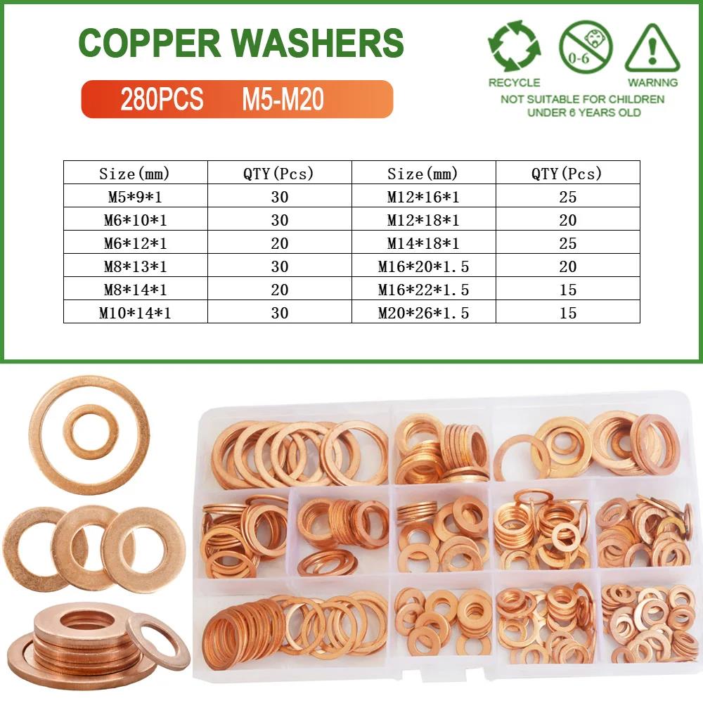Solid Pure Copper Washers Annealed M5 M6 M8 M10 M12 M14 M16 M20 Sump Plugs Oil Seal Oring Spacers Motorcycle Flat Gasket Kit Oil Drain Plugs 3