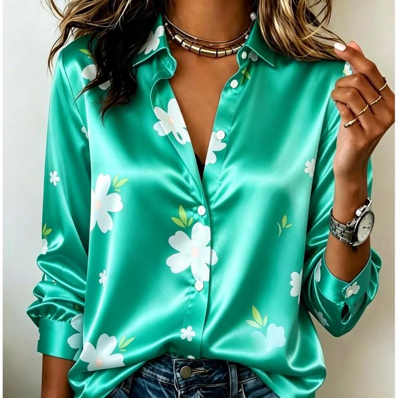Dames satijnen shirt met lange mouwen, witte bloemenprint blouse, revers, enkele rij knopen, losse kantoor tops