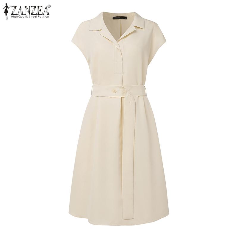 ZANZEA Women Turn Down Collar Summer Casual Short Sleeve Dress