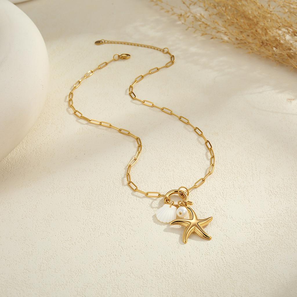 GEMCHIC Women's 18K Gold Plated Stainless Steel Layered Necklace Colorful Beads Starfish Pendant Summer Beach Clavicle Chain