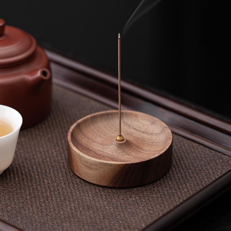 Zen Round North American Walnut Incense Holder with Agarwood Incense Sticks - Chinese Style Solid Wood Household Burner