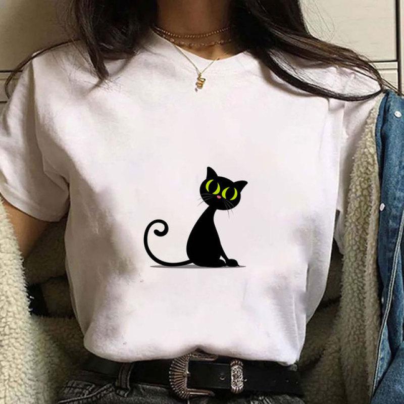 Cute Cat Print Short Sleeves Women's Tshirt Fashion Streetwear Y2k Clothing Sportwear Harajuku Pullover Tops Tees Summer Spring
