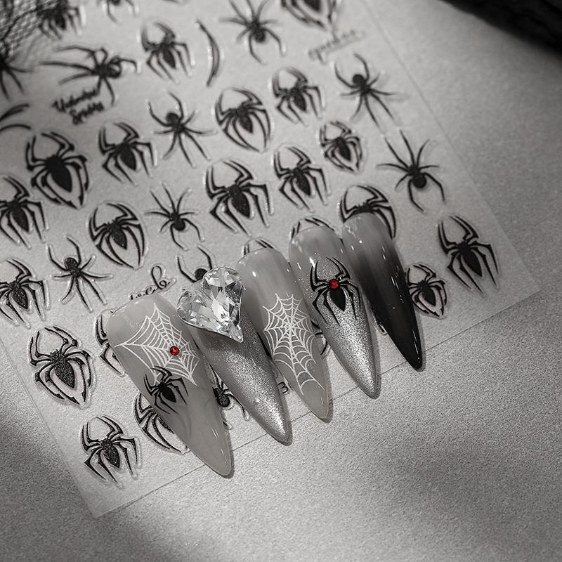 5D Relief Halloween Spider Nails Sticker Black Spiders Cobweb Embossed Diy Manicure Decals