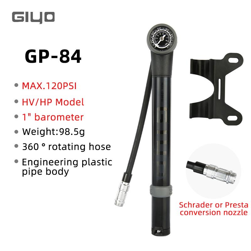 GIYO 120/80psi Portable Cycling Pump MTB Road Bike Tire Inflator Aluminum Alloy Schrader Presta Valve HP/HV Mode Bicycle Pump GP-84
