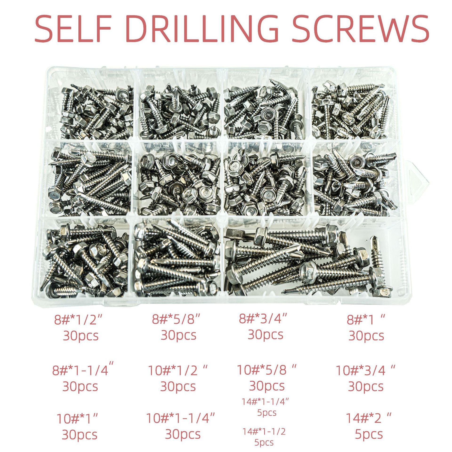 

Набор саморезов с шестигранной головкой Wass 8 #10 #14 #410 из нержавеющей стали самонарезающие самосверлящие 295pcs