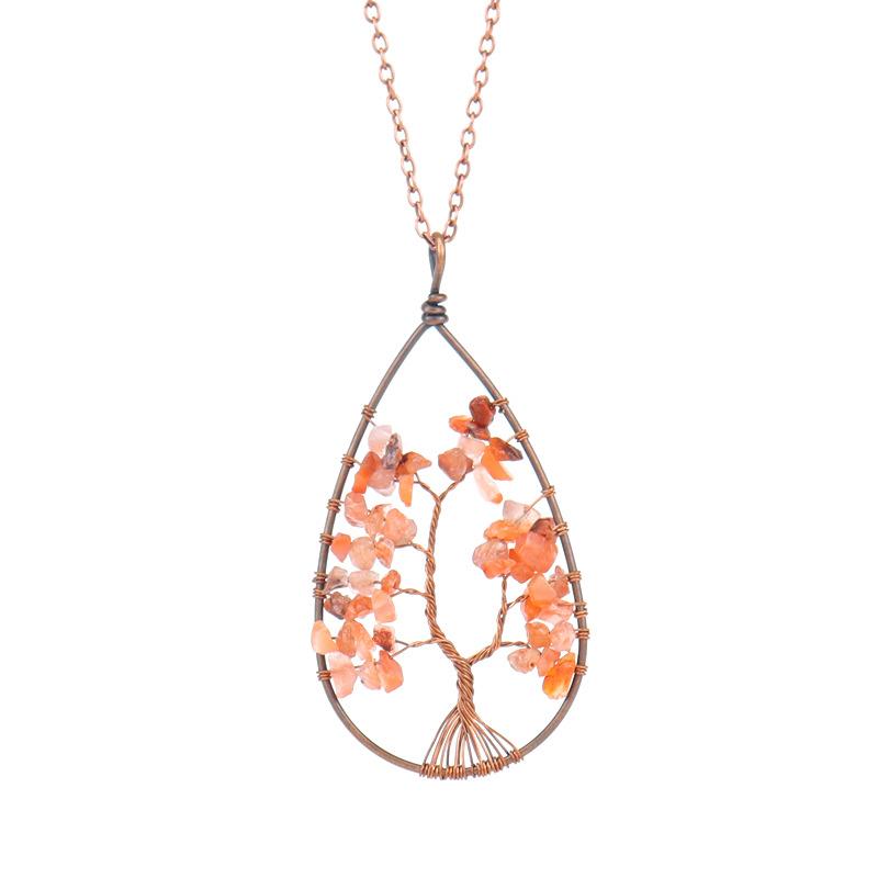 Ancient Red Copper Winding Natural Stone Crystal Water Drop Shaped Tree Of Life Necklace Colorful Stone Pendant N29