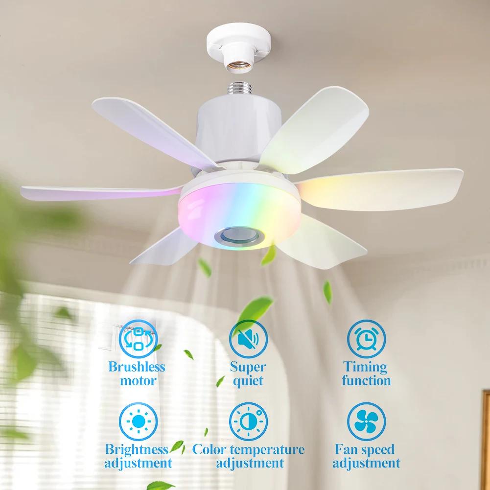 Socket Fan Light with Remote Ceiling Fan with Light Adjustable Wind Speed Timing Wireless Fan RGB Light for Living Room Bedroom