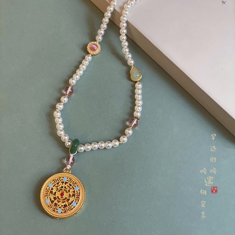 

New Chinese Style Retro Beaded Pendant Necklace for Women Horse-Face Skirt Cheongsam Sweater Chain Antique and Ethnic Style National Style Ornament Wufu Round Brand