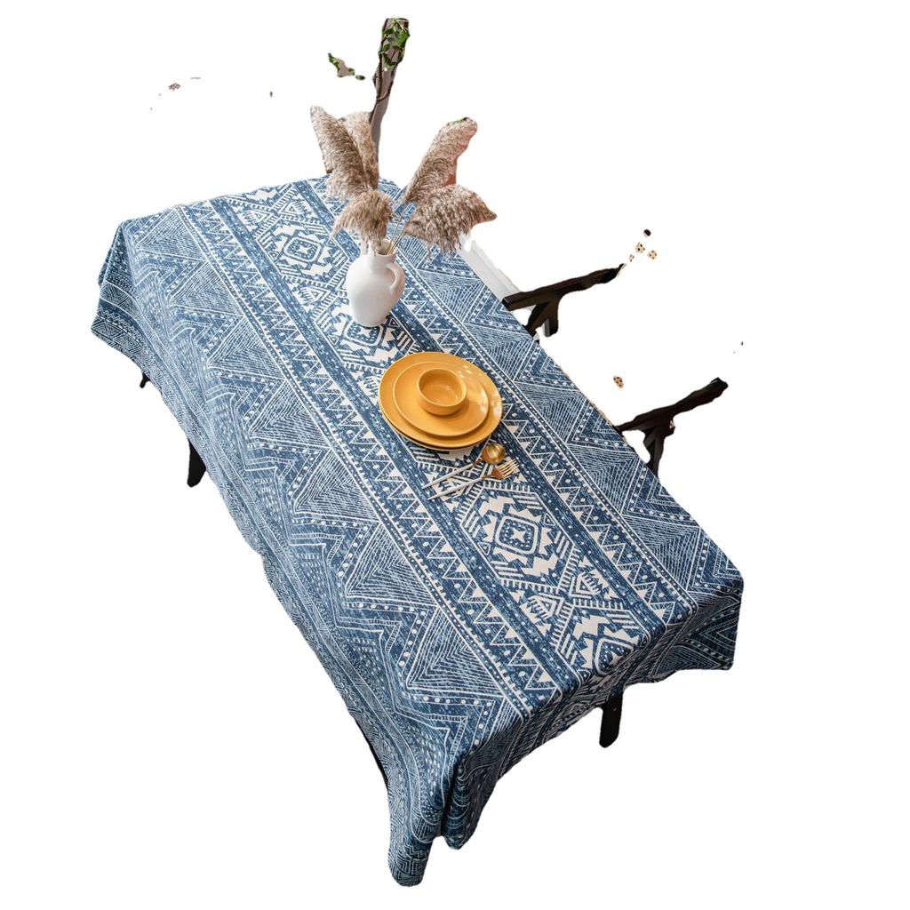 Home European Tablecloth Blue Geometric Triangle Print Blog Cotton Linen Rectangular Table Cloth End Table Cover