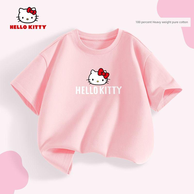 Hello Kitty Girls' Short-Sleeved T-Shirt Summer Pink Children's Base Shirt Pure Cotton Heavyweight Girls' Summer Top