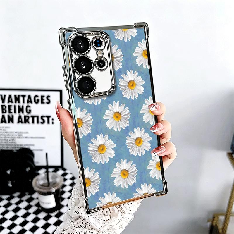 Daisy Flowers Aesthetics Plating Phone Case For Samsung Galaxy S24 S25 FE S26 Edge S23 Ultra S22 S21 Plus S20 Anti-Fall Airabag