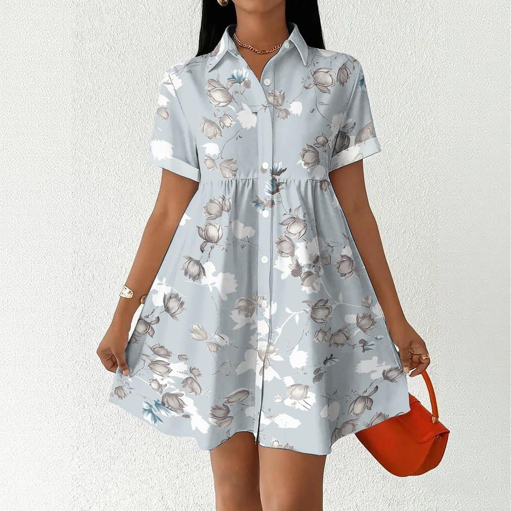 Women's Casual Loose Fit Shirt Dress Button Front Short Sleeve Turn Down Collar Dress with Printed Pattern Suitable for Daily Wear