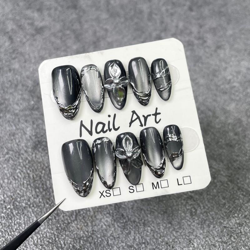 3D Floral Embossed Cat Eye Nail Tips Handmade Press-On Nails S M L Small