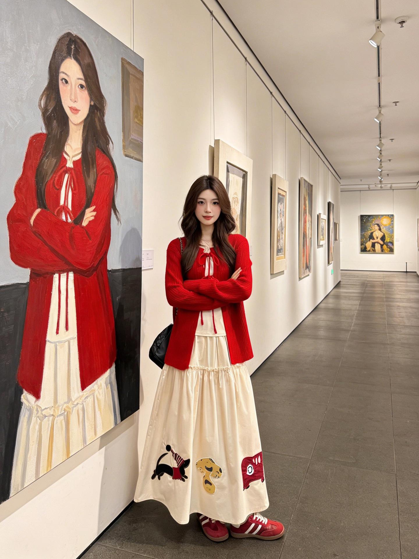 2026 Chic Spring Set: Elegant Tie-Up Knit Cardigan & Embroidered Skirt Small