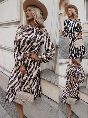 European and American Fashion Zebra Print Long Sleeve Dress with Bow Waist