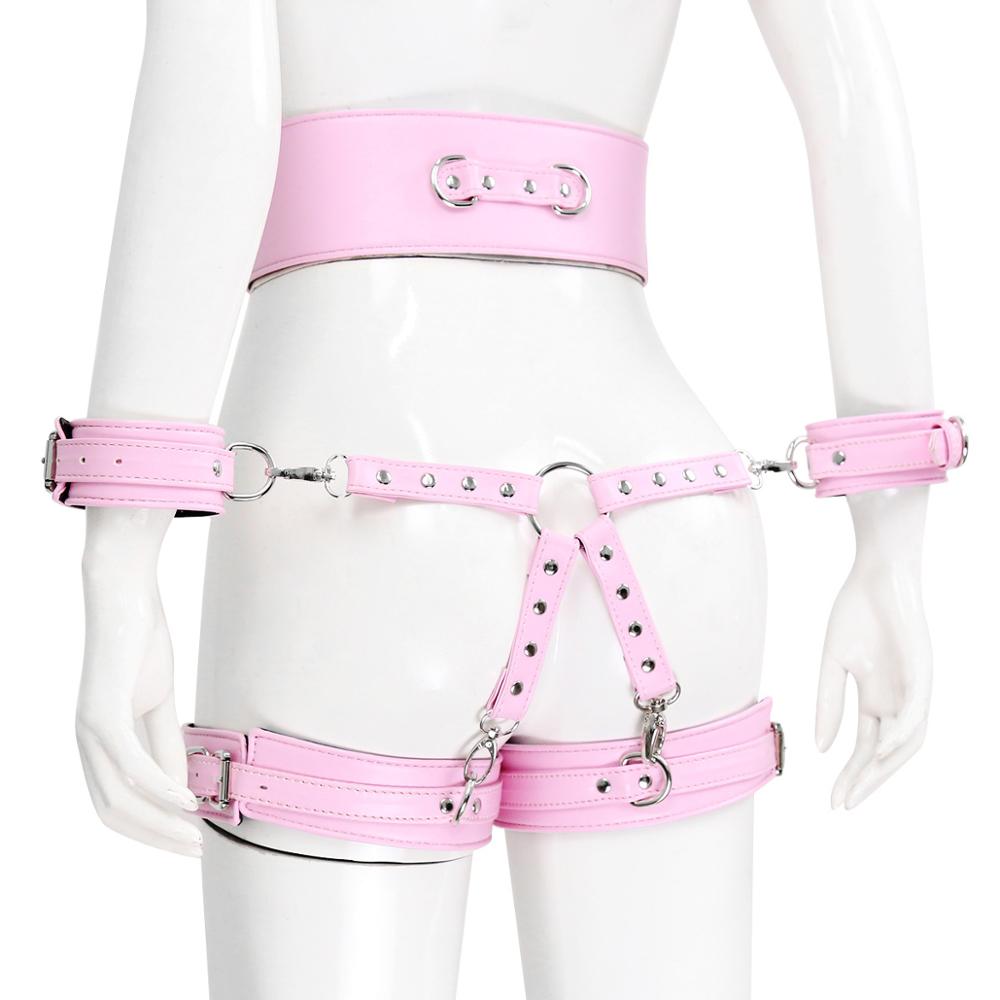 Bundle set includes waist belt, wrist and thigh covers, cross buckle, adult game restraint device, handcuffs, leg covers, and sex toys
