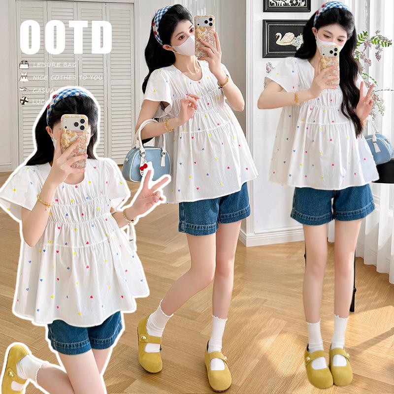 2026 Summer Korean Style Loose Fit Heart Short Sleeve Maternity Top M