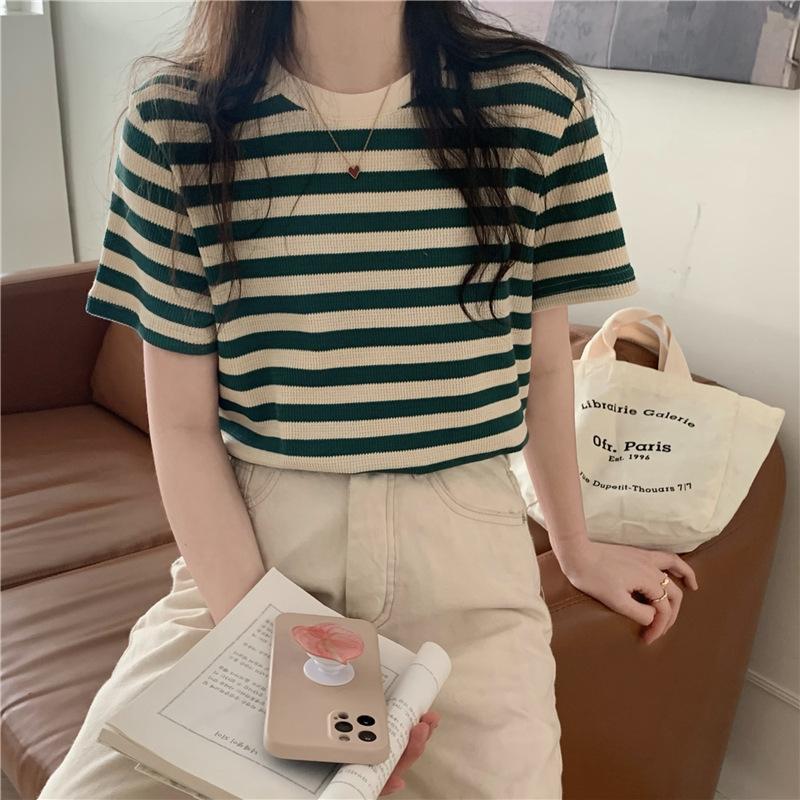 

Круглый вырез горловины полосатый короткий рукав вязаный свитер женская летняя футболка дизайн Sense Niche свободные топы повседневный Essential Comfort Style Slim Fit пуловеры футболки One Size