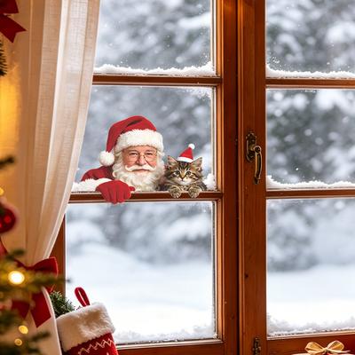 Simulazione Gatto Babbo Natale Vetro Balcone Vetrina Decorazione Festiva con Adesivi Statici per Finestra
