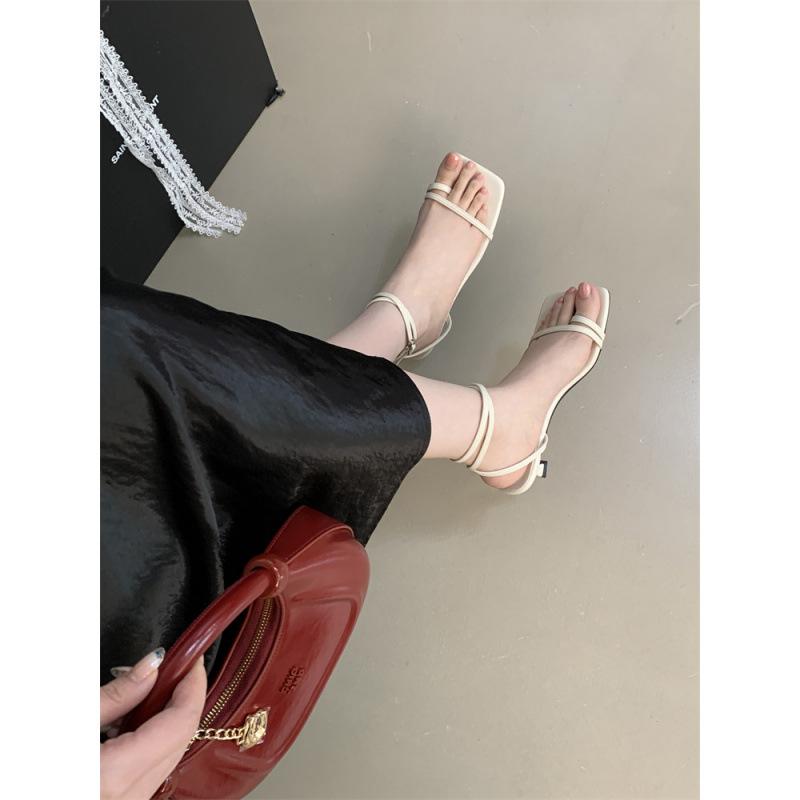 Fashion Low Sandals Woman Leather Shoes Summer Heels Suit Female Beige Low-heeled Girls Comfort Black 2025 Clear High Fashion Stiletto B