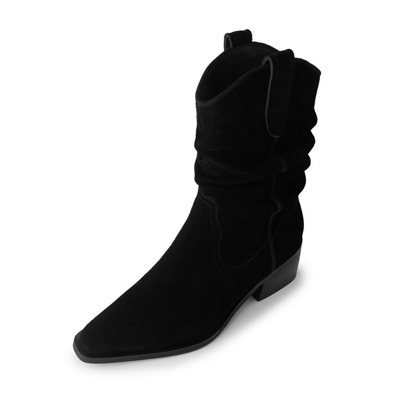 

2024 новые ковбойские сапоги Sun Qian Zhao Ruth в стиле вестерн, короткие сапоги с квадратным носком и толстым каблуком, плиссированные ворсовые сапоги прилив 40