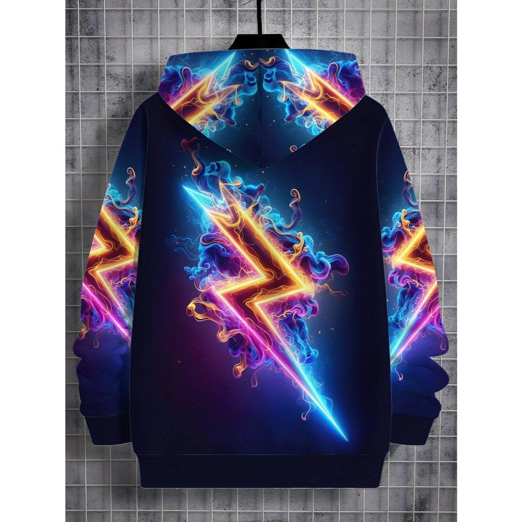 Colorful lightning pattern boys' hoodie, long sleeved pullover casual wear, cartoon fashion pullover