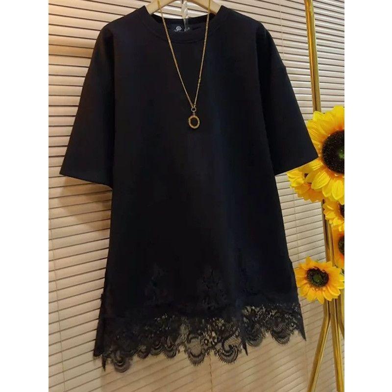 Loose Flesh-covering Lace Splicing Korean Version Round Neck Mid-length Age-reducing Short-sleeved T-shirt Top for Women