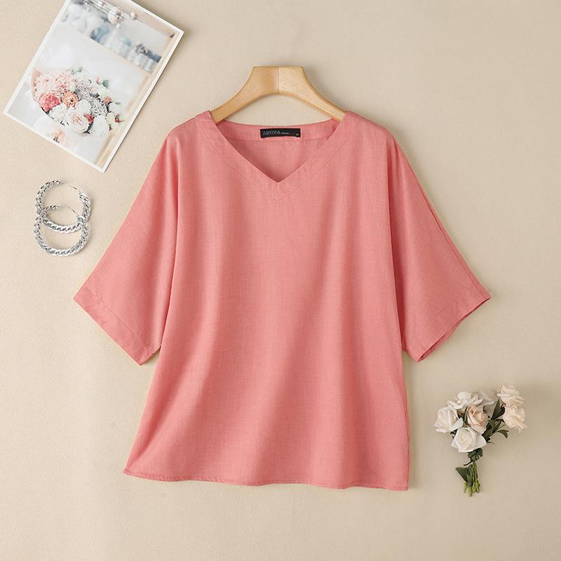 ZANZEA Bluză lejeră cu decolteu în V de culoare uni pentru femei