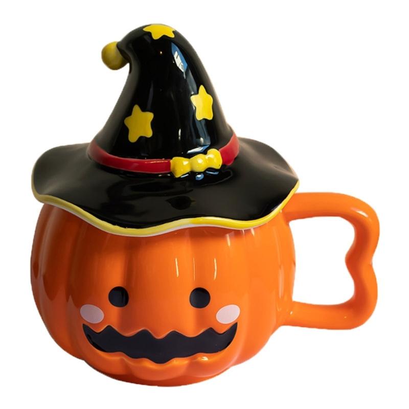 Unique Halloween Themed Ceramics Coffee Cup With Detachable Witch Hat Cover Pumpkin Shape Mug For Hot Beverages Gift
