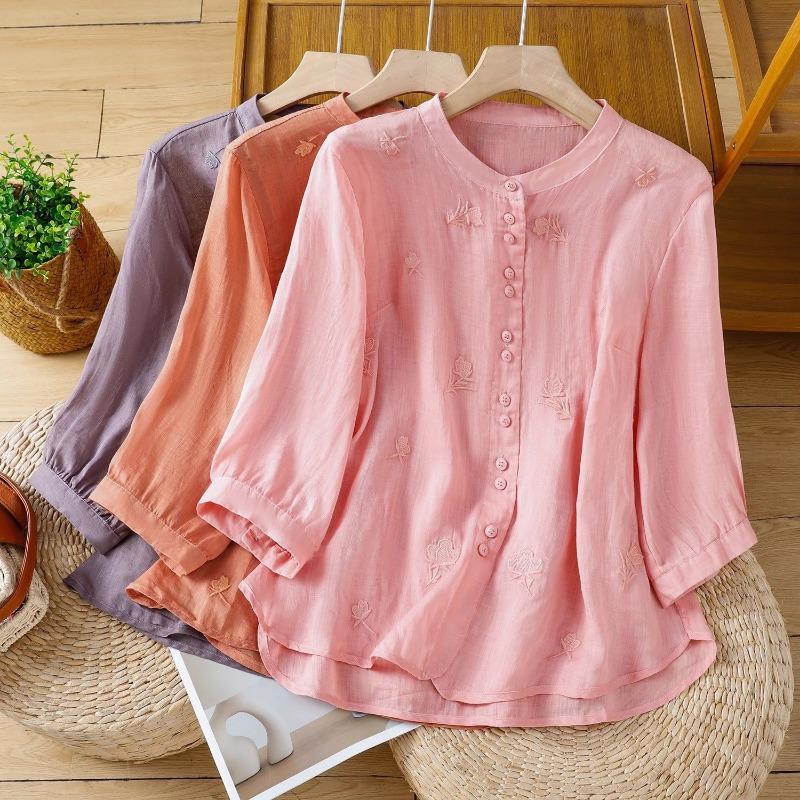 Womens Linen Cotton Embroidered Shirt Casual Stand Collar 3/4 Sleeve Blouse