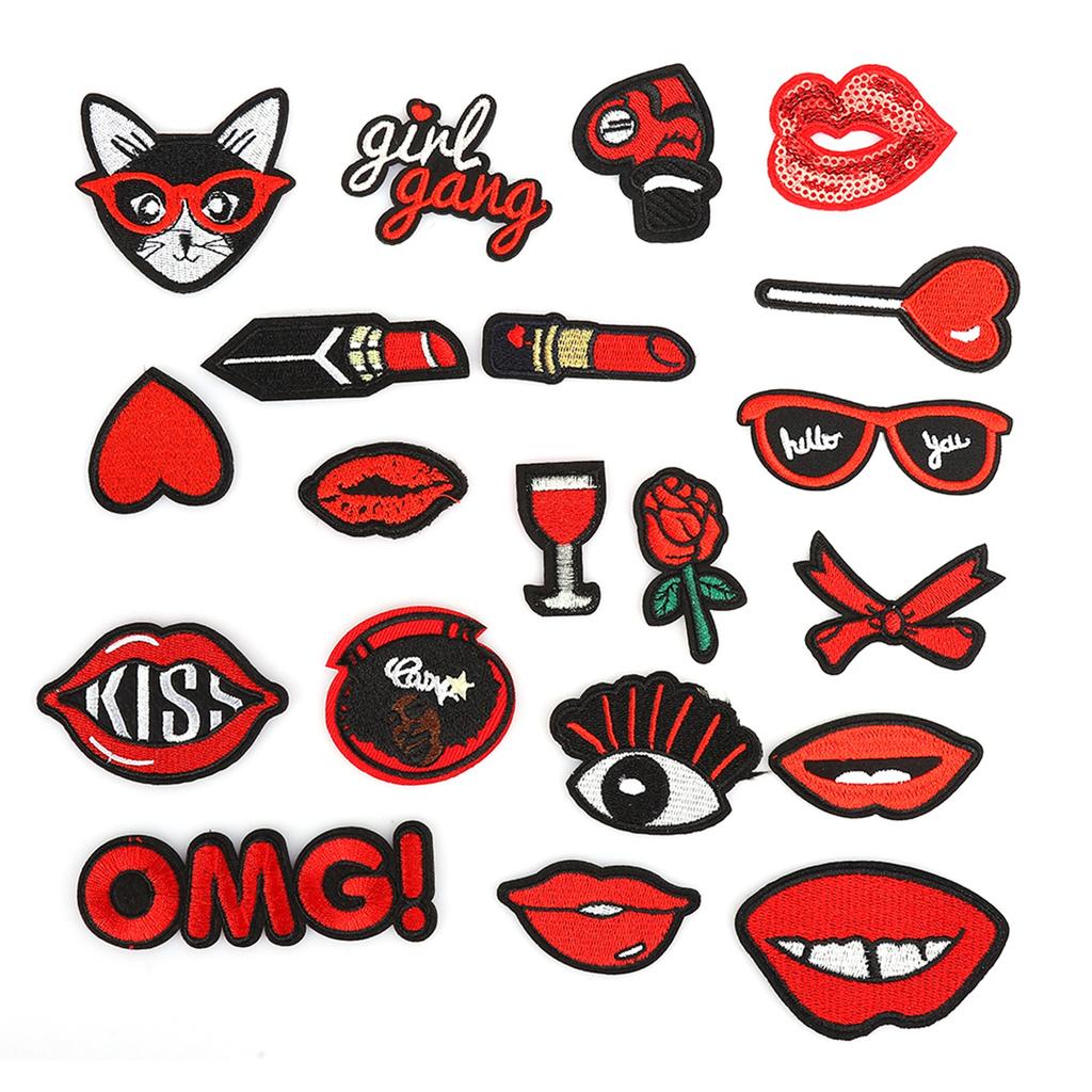 20 peças Patch Padrão Lábios Decorativo Batom Adesivo para Roupa Bordado Adesivo Patch Termocolante