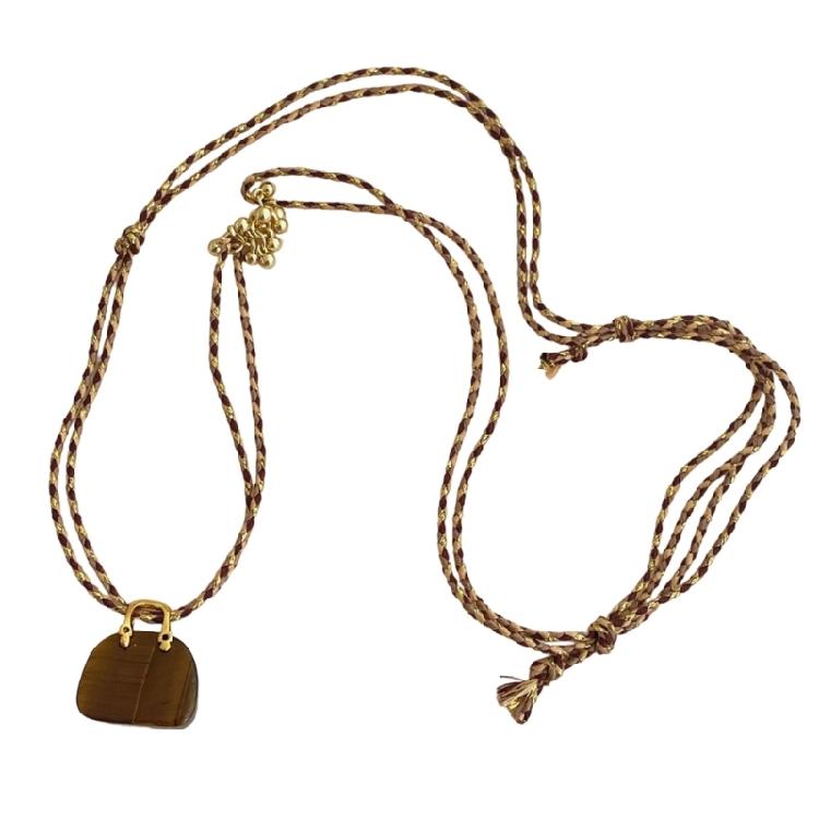 Artisanal Crafted Natural Tigers Eye Stone and Rope Bag Necklace Unique Design Comfortable Wear for Fashion Forward Women Accessory