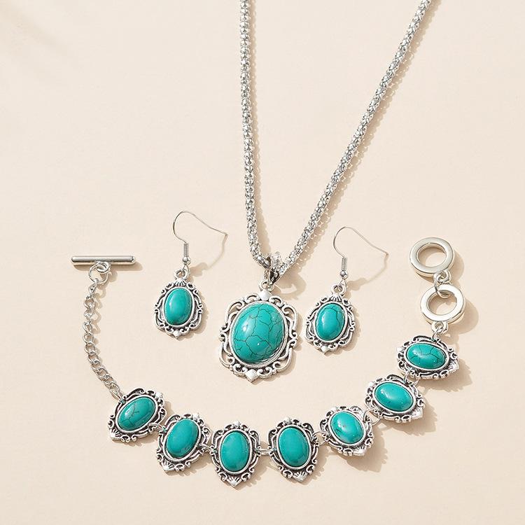 3 pcs Vintage Bohemian style turquoise necklace bracelet earrings three piece set Zircon gift 2024