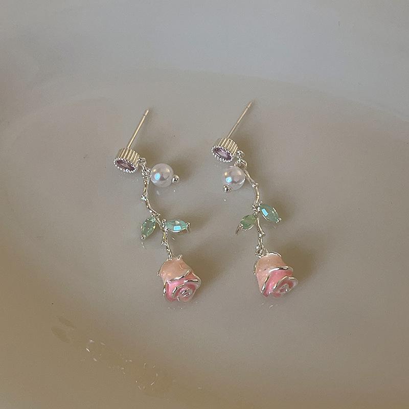 

Элегантные серьги-пусеты с кисточками из розового циркона в виде розы для женщин - Высококлассный универсальный дизайн