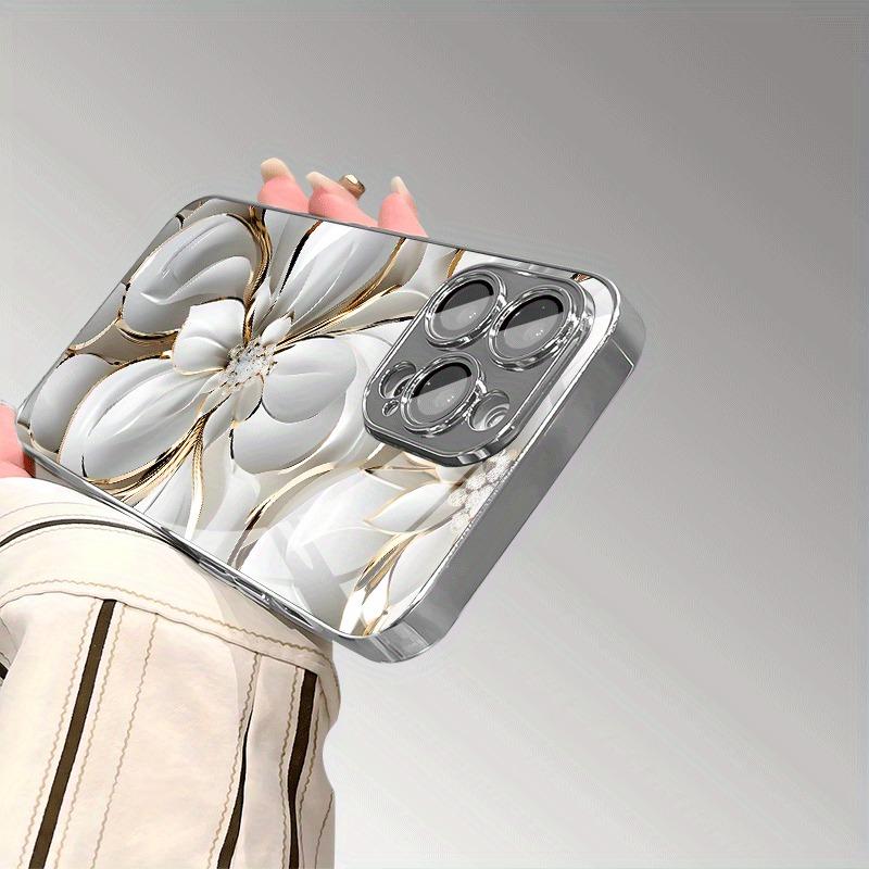 Oil Painting White Flowers Tempered Glass Electroplated Phone Case For iPhone 17 16 15 14 13 12 11 Pro Max Plus 16E 17 Air Cover