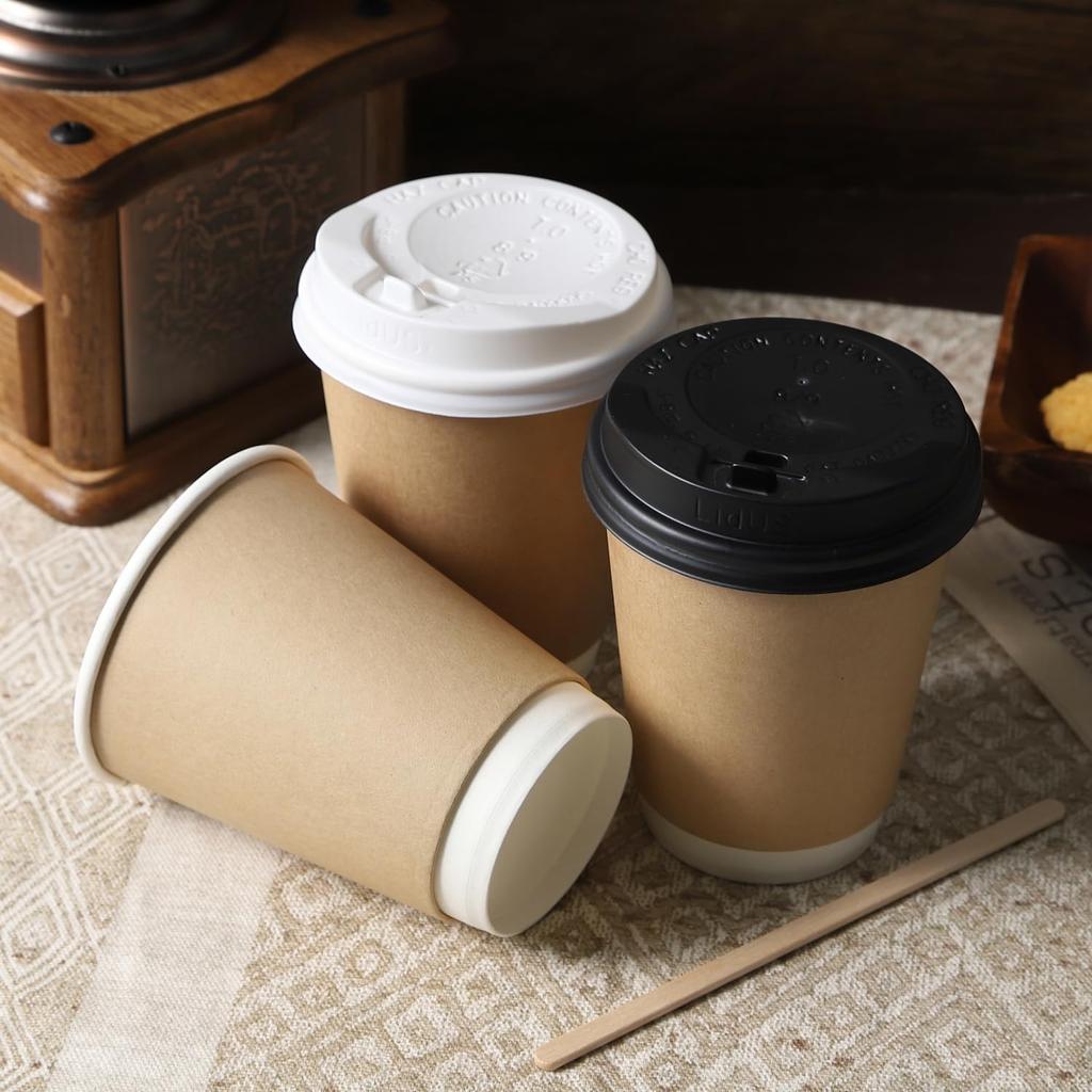 Set of 50 280ml 8oz Insulated Paper Cups, Heat-Resistant, Takeout, with Lids (Retractable), Unbleached Kraft Paper (White Lids)