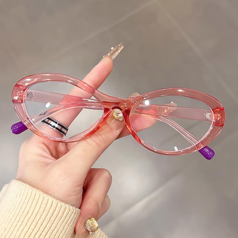 Minimalist Oval Cat Eye Fashion Glasses for Women - Semi Rimless PC Frame with Metal Hinges, Decorative TAC Lenses
