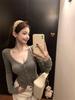 Women's Autumn Hot Girl Grey V-Neck Slim Fit Long-Sleeve Cardigan Top