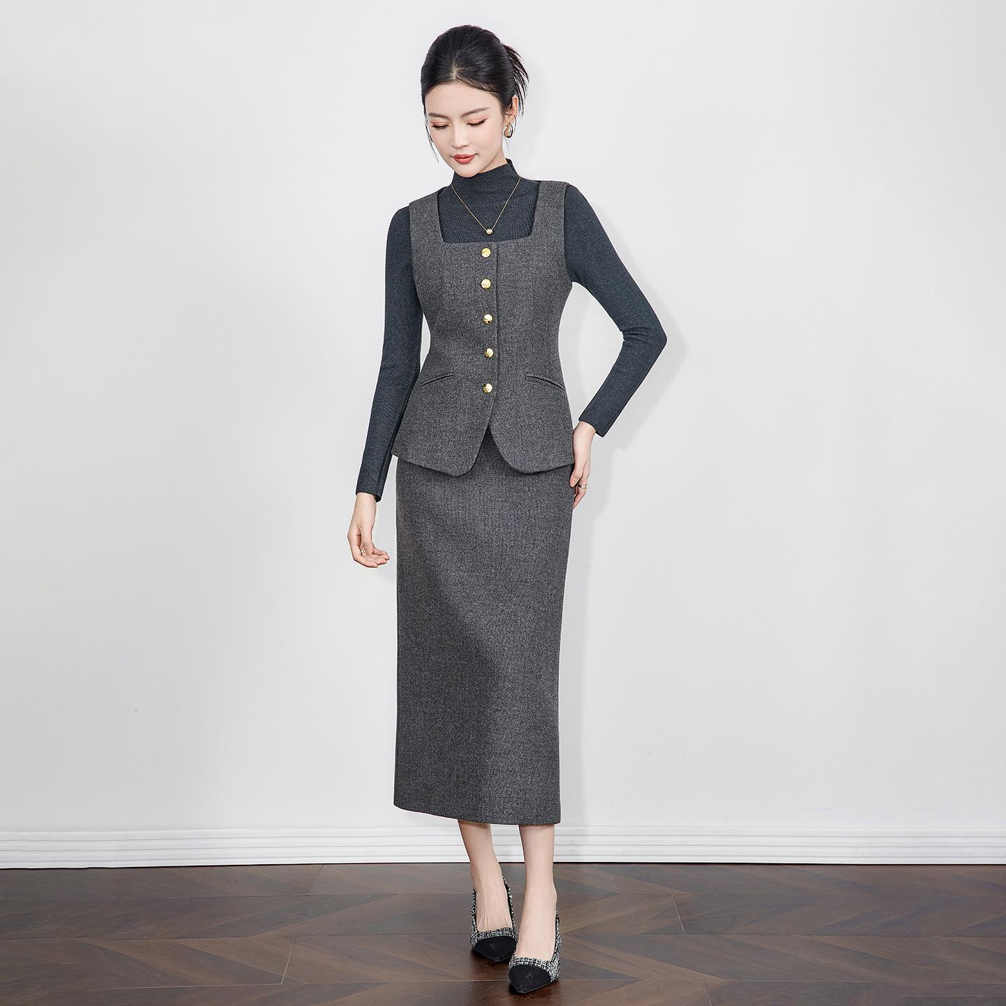 Женский элегантный шерстяной жилет и эластичная вязаная юбка - Комплект из трех предметов Medium серый