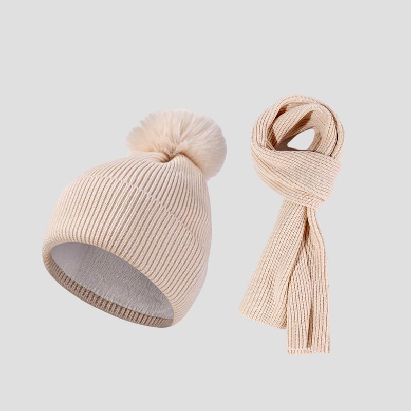Knitted Hat Scarf Set Women's Autumn Winter Thick Fur Ball Wool Hat Outdoor Ear Protection Warm Hat