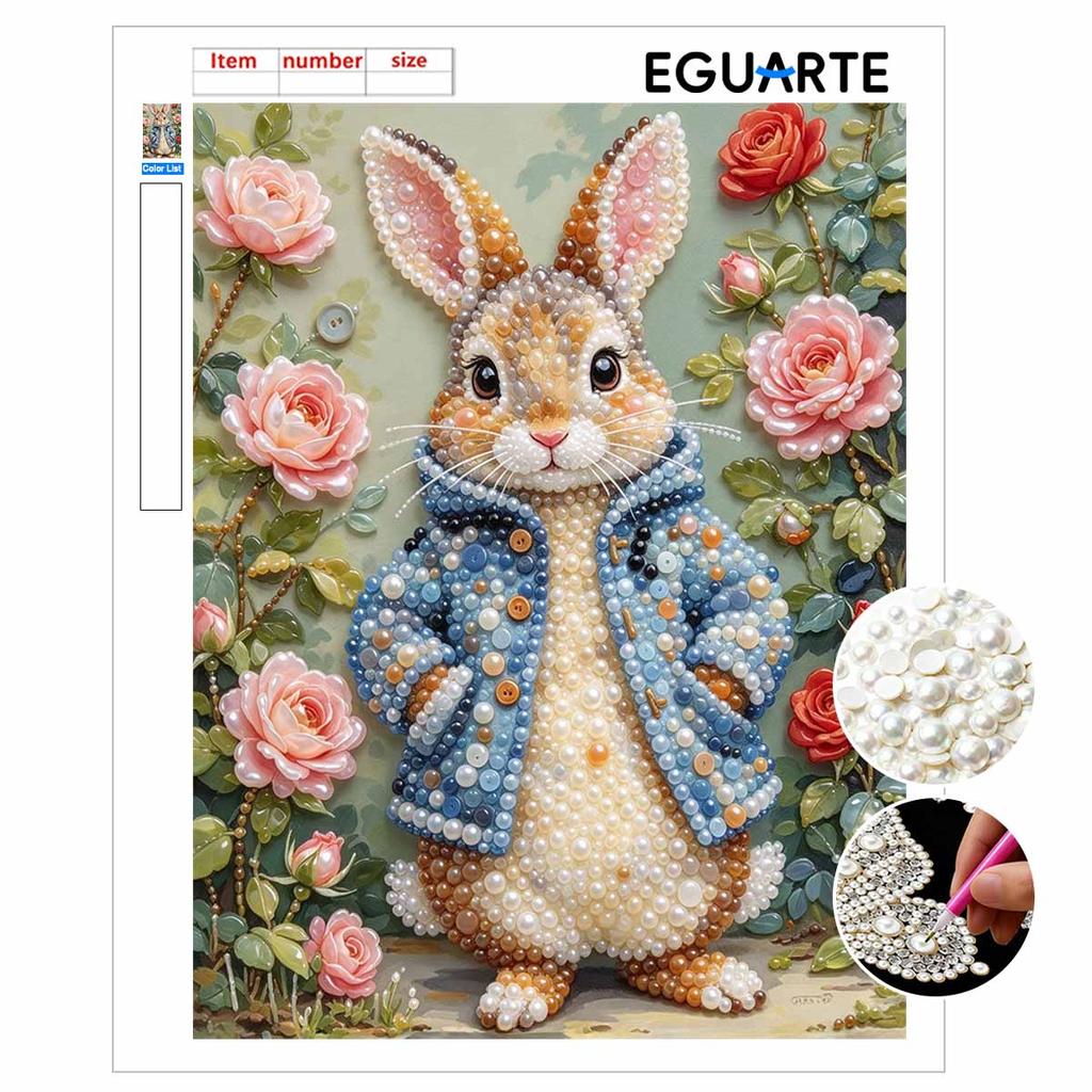 Peter Rabbit Floral Pearl Art Canvas with Frame 3D Shiny Bead Painting Modern Room Decor Relaxing Handmade Craft Gift Ideas for Home