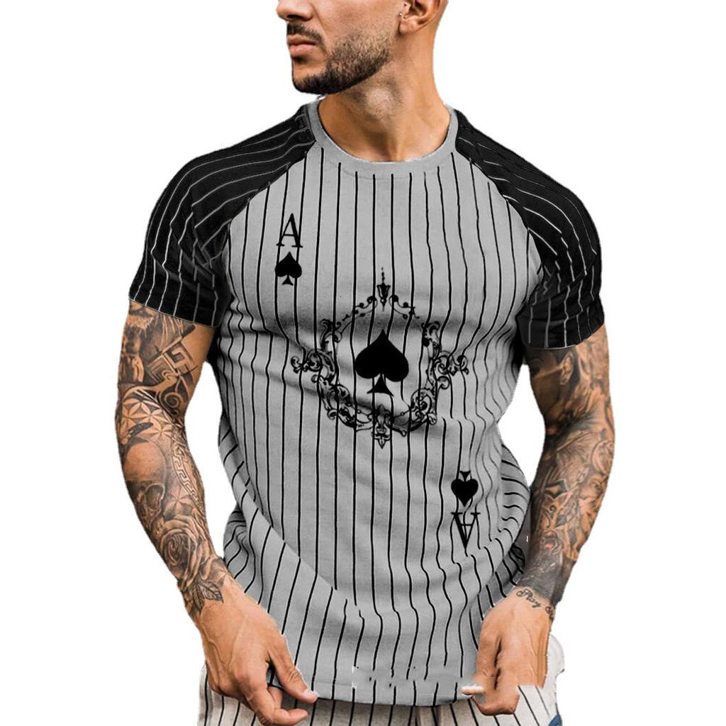 Summer new 3D printing spade A stripe collision men's short-sleeved casual round neck T-shirt