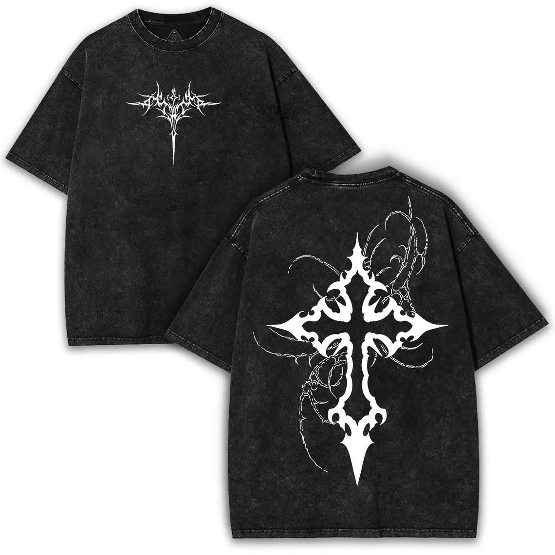 Tribal Gothic Cross TShirt Washed Cotton Vintage Grunge Graphic Tee YK Streetwear Unisex Harajuku Dark Top S