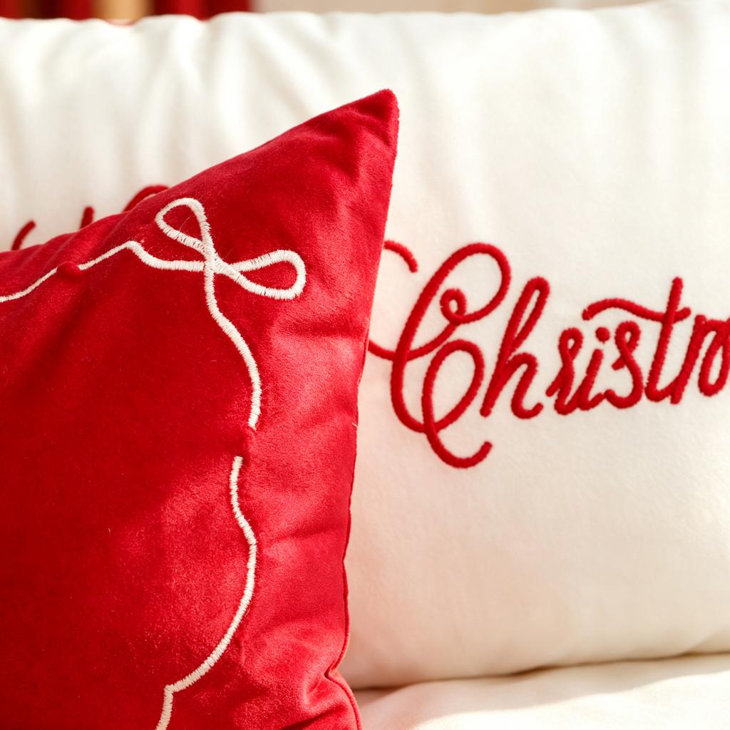 Christmas Embroidered Throw Pillow Cover Red White Bow Decorative Cushion Cover for Couch Living Room Home Decor 45x45 Cm